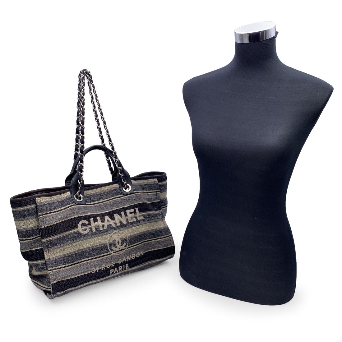 Top Quality Chanel Black Grey Striped Canvas Medium Deauville Tote Bag