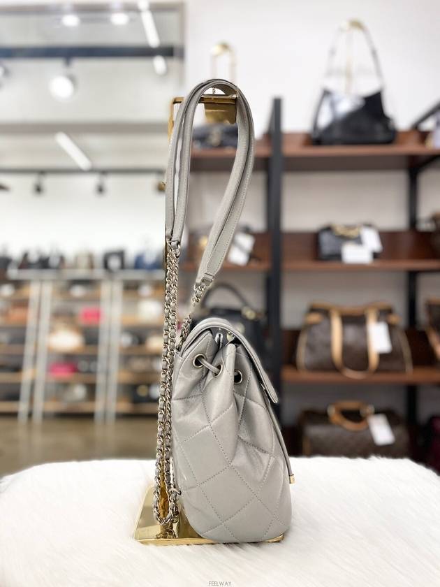 Daol Merchant Store 22 Season Calfskin Flap Backpack Silver 31st Unit AS2398 Status A Chanel