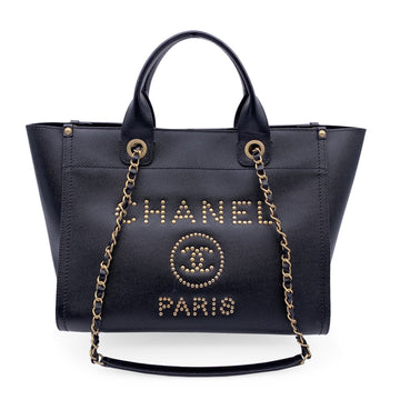 Top Quality Chanel Black Caviar Leather Studded Deauville Tote Shoulder Bag