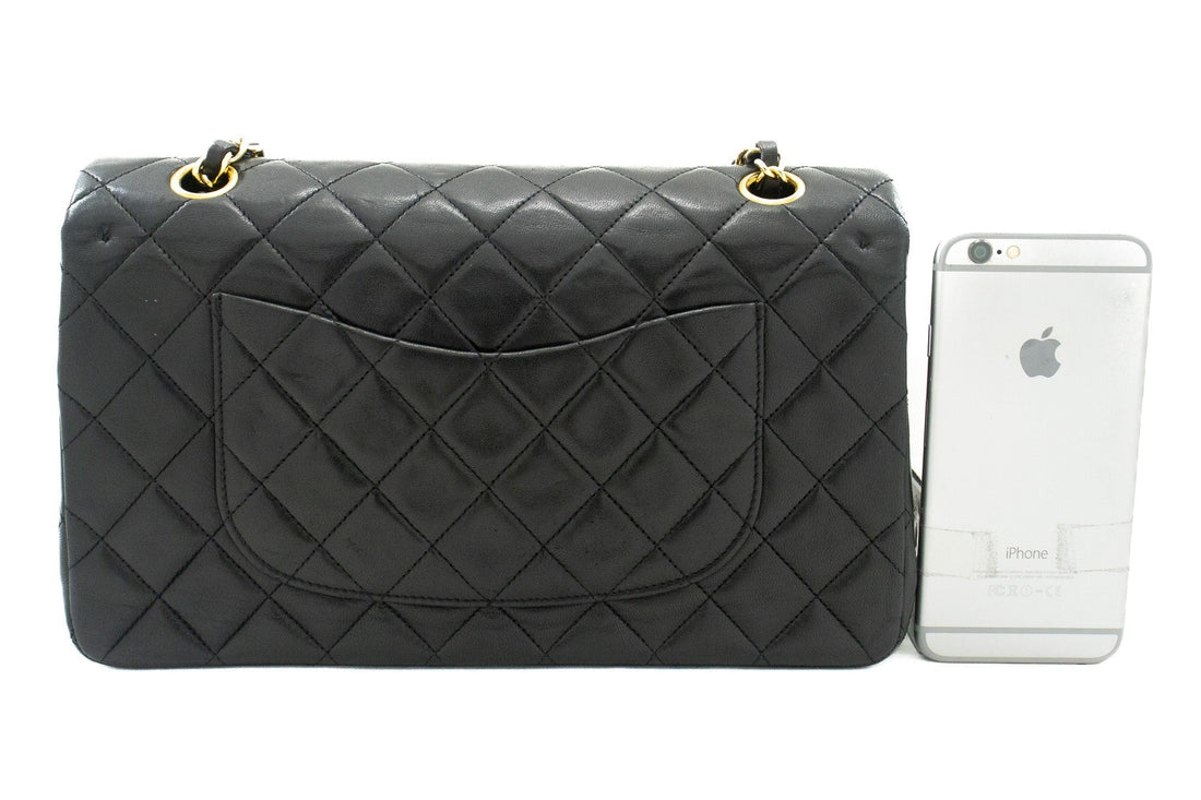 CHANEL Classic Double Flap 10" Chain Shoulder Bag Black Lambskin j92
