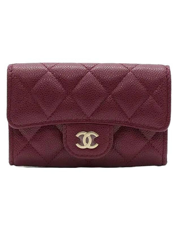 Classic Gold Logo Grained Shiny Calfskin Card Wallet Burgundy Chanel