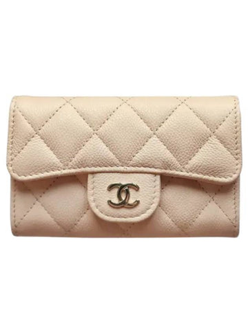 Classic Gold Logo Grained Shiny Calfskin Card Wallet Light Beige Chanel