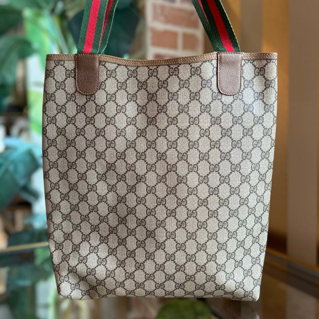 GUCCI Sherry Line Beige Brown GG Supreme Coated Canvas  Web Tote Bag