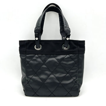 CHANEL Coated Canvas Leather Quilted Small Paris Biarritz Tote Black LA2976