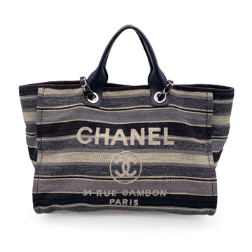 Top Quality Chanel Black Grey Striped Canvas Medium Deauville Tote Bag
