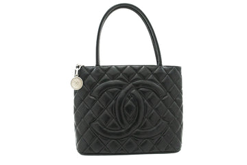 CHANEL Silver Medallion Caviar Shoulder Bag Grand Shopping Tote i75
