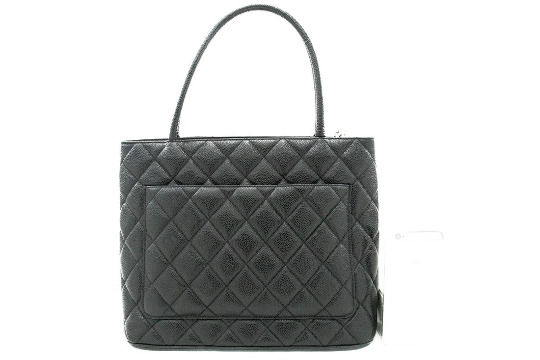 CHANEL Silver Medallion Caviar Shoulder Bag Grand Shopping Tote i75
