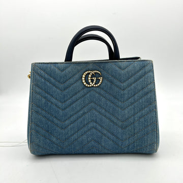 Gucci Denim Matelasse Small Pearly GG Marmont Tote Blue LA26996