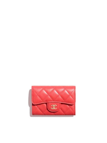 Gold Hardware CC Logo Classic Lambskin Flap Card Wallet Red Champagne Chanel