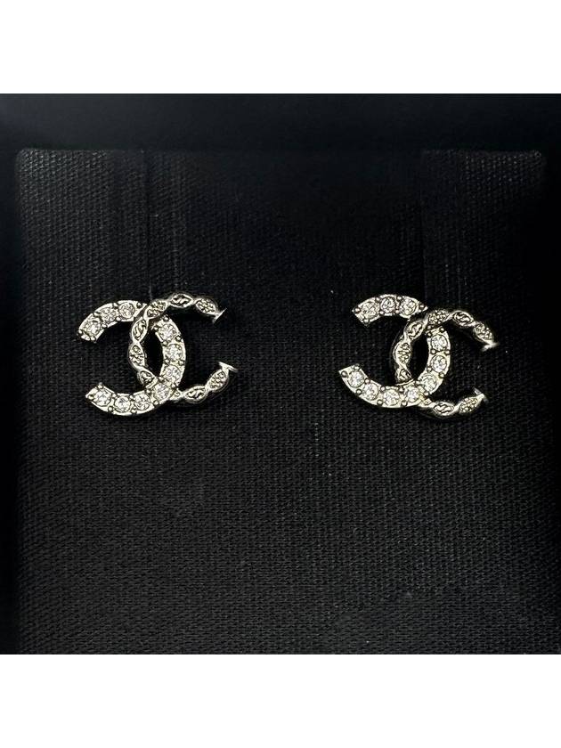CC Logo Crystal Stud Earrings Silver Chanel