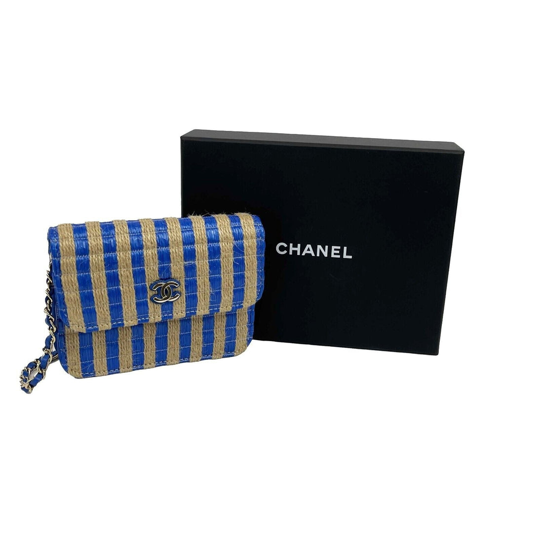 Top Quality Chanel - 2021 Raffia Jute Striped Belt Bag - Blue / Beige / Gold Hardware