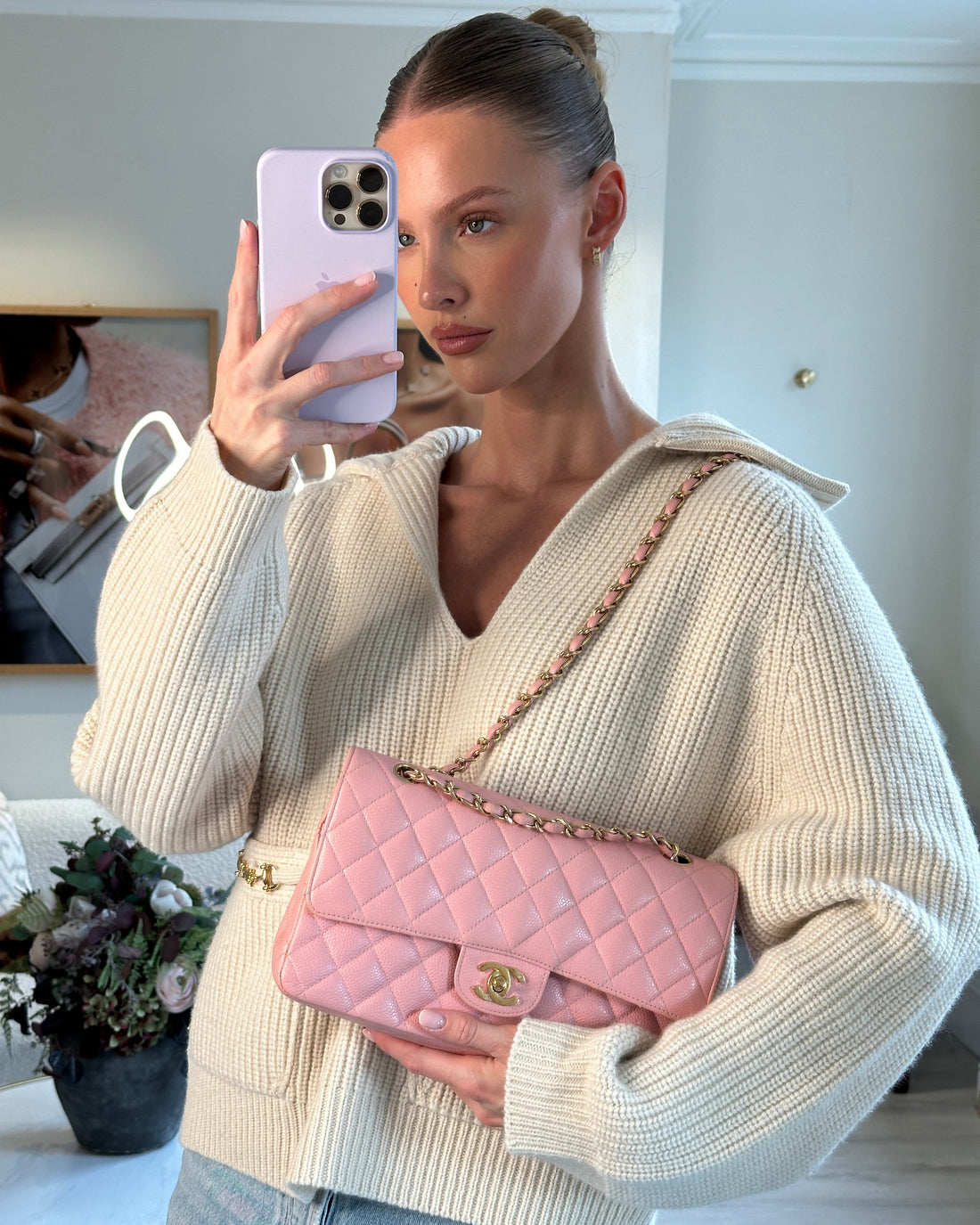 *HOT* Top Quality Chanel Bubblegum Pink  Classic Medium Double Flap Bag in Caviar Leather with 24K Gold Hardware
