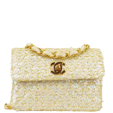 New 1:1 Rep Top Quality Chanel * White Sequin Straight Flap Shoulder Bag Micro