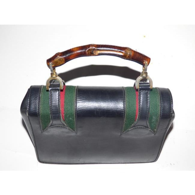 Gucci Black Leather Lunch-box Satchel w Bamboo Handle & Red & Green Stripes