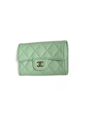 Classic Gold Logo Grained Shiny Calfskin Card Wallet Light Green Chanel
