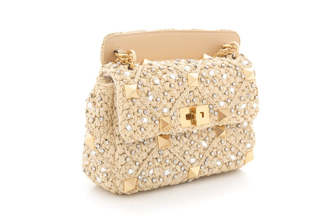 Valentino Medium Roman Stud Raffia Shoulder Bag