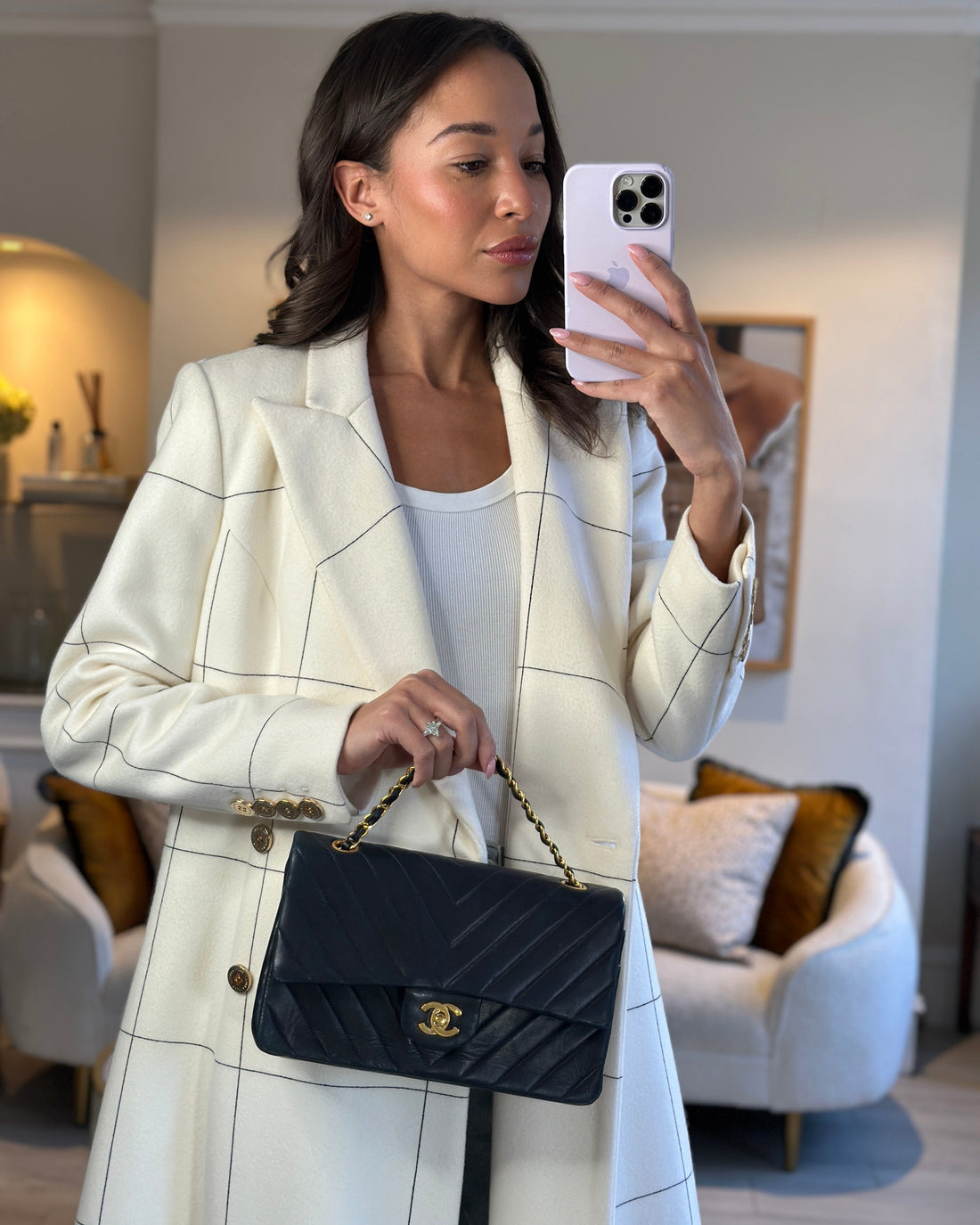 Top Quality Chanel Navy  Classic Medium Chevron Double Flap Bag in Lambskin Leather with 24K Gold Hardware