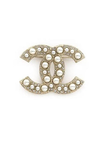 CC Logo Pearl Crystal Brooch Gold Chanel
