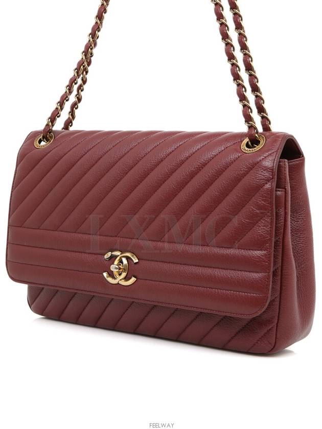 Diagonal Chevron Quilted Chain Flap Shoulder Bag Red Gold Chanel