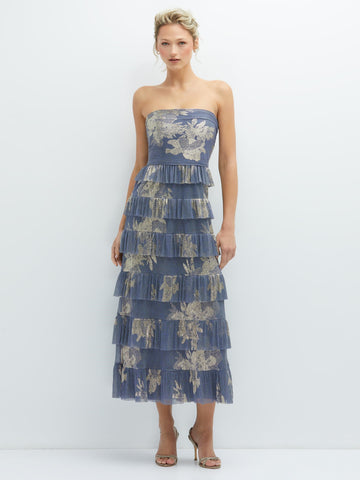 Ruffle Tiered Skirt Metallic Pleated Strapless Midi Dress with Floral Gold Foil Print