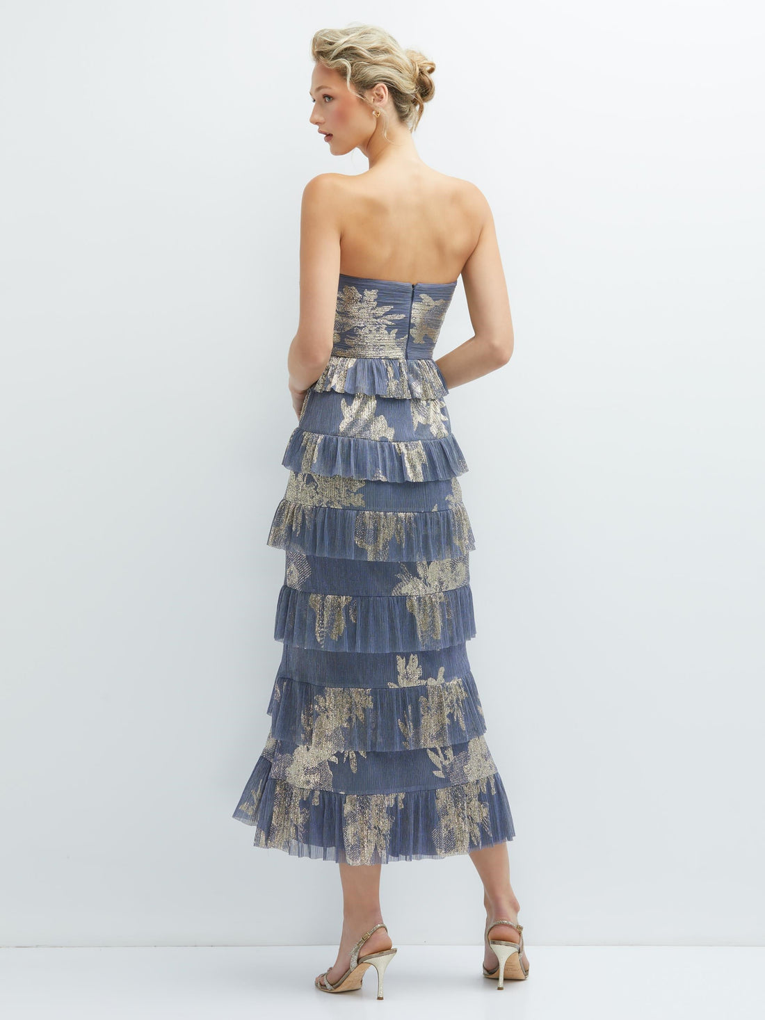Ruffle Tiered Skirt Metallic Pleated Strapless Midi Dress with Floral Gold Foil Print