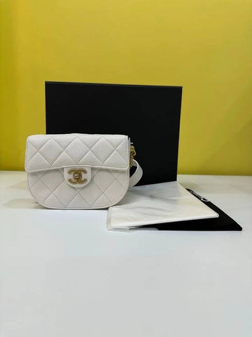 Caviar Mini Messenger Bag White Gold Shoulder Cross AS2484 Chanel