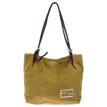 Fendi Camel Corduroy And Brown Leather Tote With Chrome Hardware