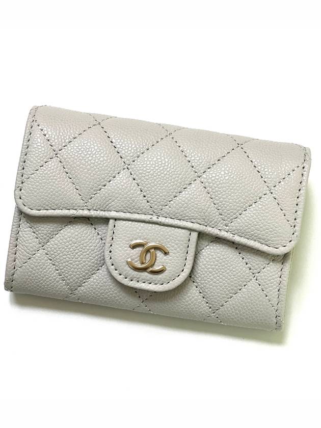 Classic Gold Logo Grained Shiny Calfskin Card Wallet Light Grey Chanel