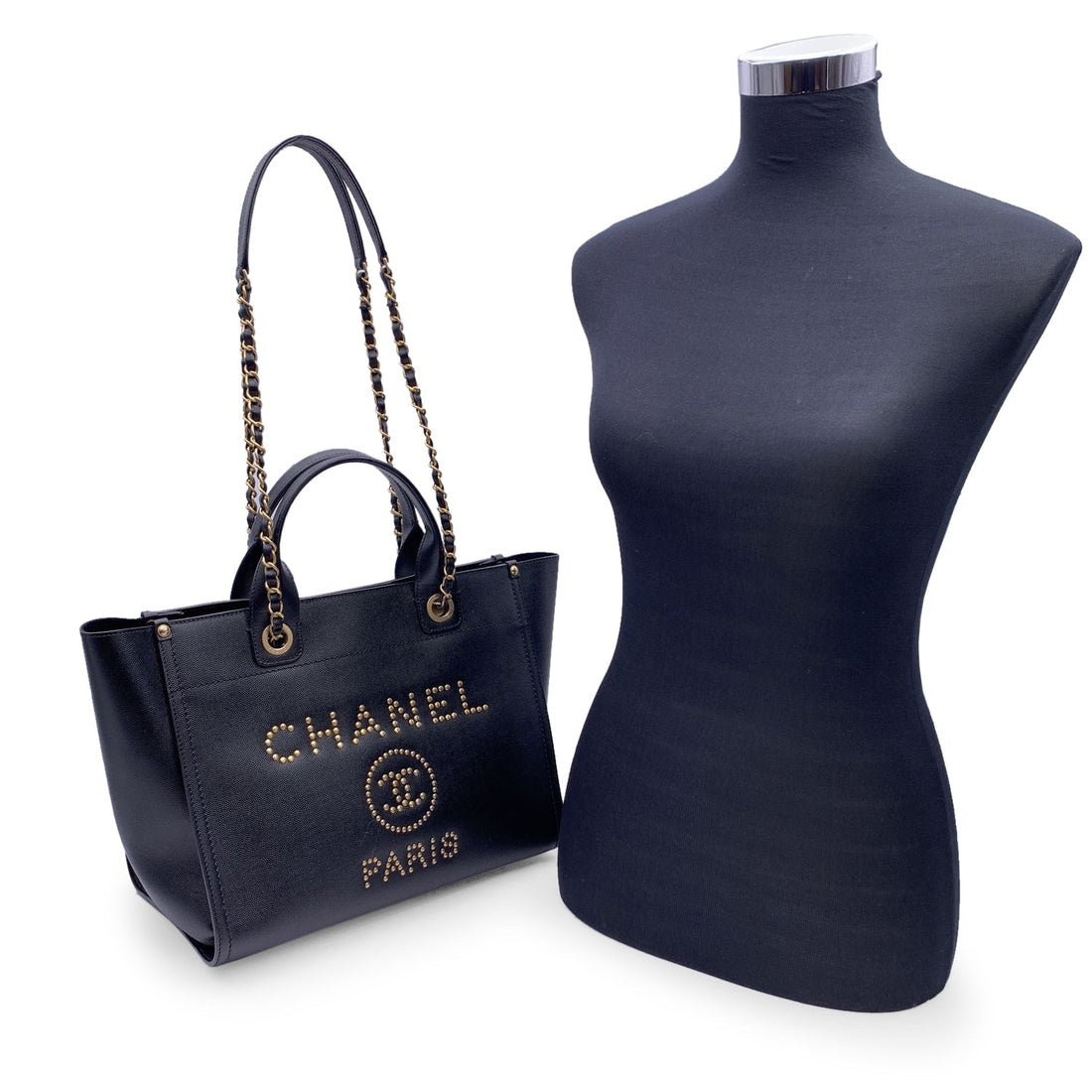 Top Quality Chanel Black Caviar Leather Studded Deauville Tote Shoulder Bag