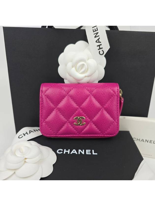 Classic Grained Shiny Calfskin Zipped Coin Wallet Fuchsia Chanel
