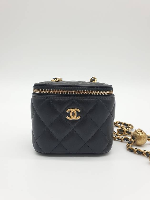 Gold Ball Vanity Bag Square Strap Adjustable Cross Lambskin Black Plated AP1447 Chanel