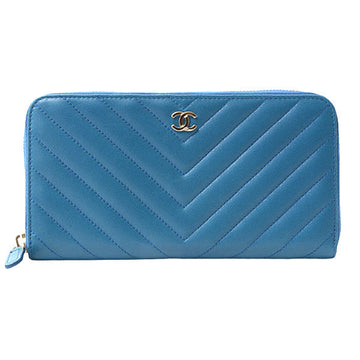 Top Quality Chanel Chevron Lambskin Round Zip Wallet Blue