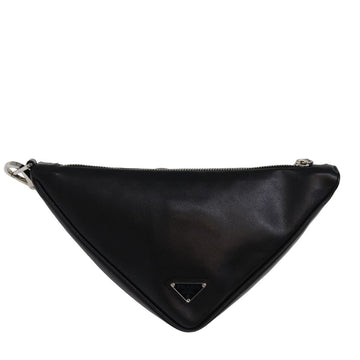 PRADA Triangle Clutch Bag Leather Black Auth 76762A