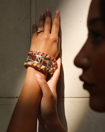 Top Quality Chanel "We Need Tweed" Bangle in Champagne Gold Hardware with Leather Detail