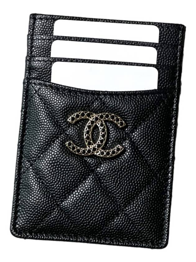 Strass CC Logo Caviar Leather Card Wallet Black Chanel