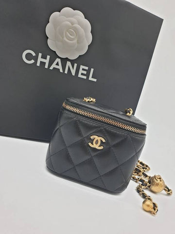 Gold Ball Vanity Bag Square Strap Adjustable Cross Lambskin Black Plated AP1447 Chanel