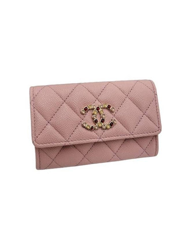 CC Logo Caviar Leather Card Wallet Pink Chanel