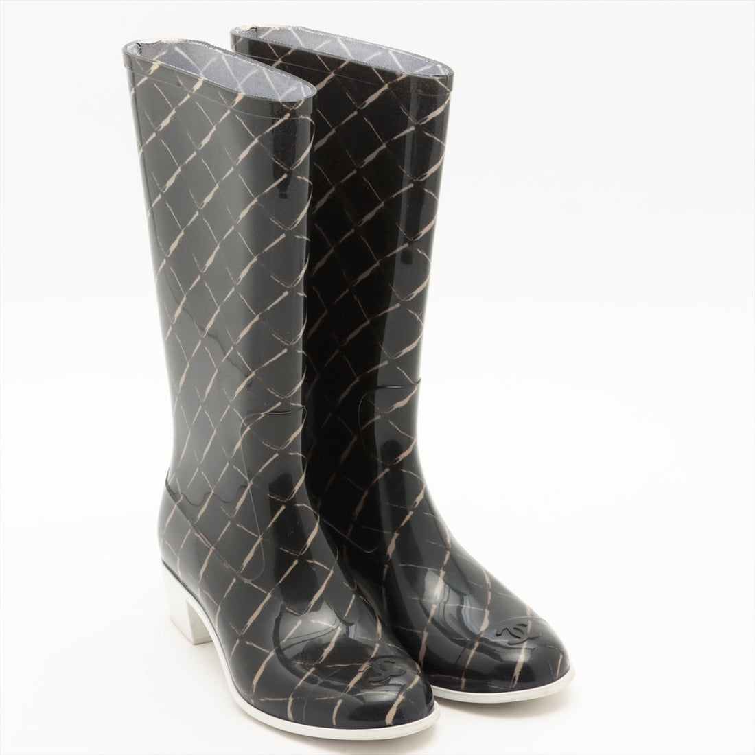 New 1:1 Rep Top Quality Chanel Coco Laver Rain Boots 35  Black x Beige Upper Inside Head Yogurt at
