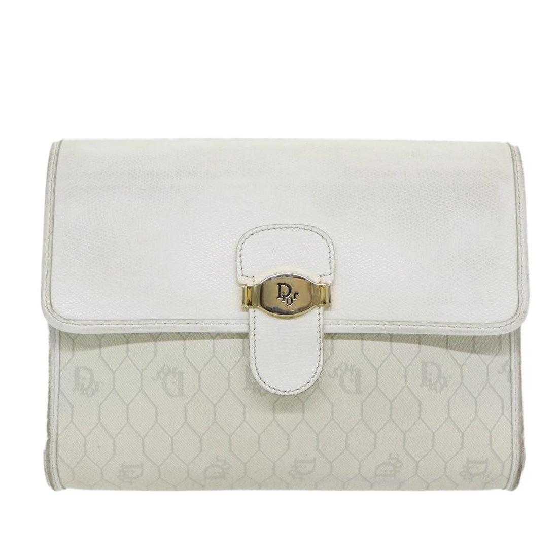 CHRISTIAN Top quality Dior Honeycomb Canvas Shoulder Bag PVC Leather White Gold Auth 85684