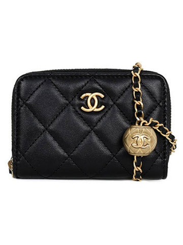 CC Logo Gold Ball Chain Lambskin Card Wallet Black Chanel