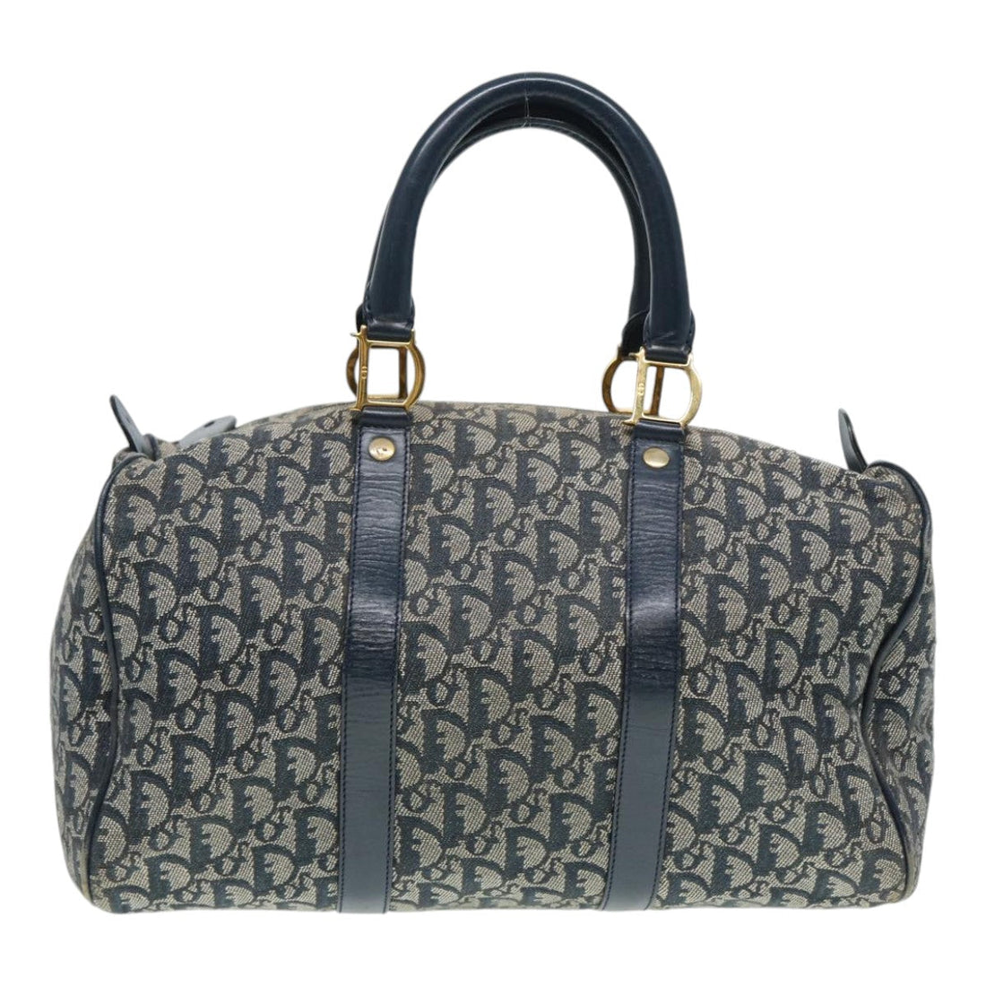 CHRISTIAN Top quality Dior Trotter Canvas Boston Bag Navy Gold Auth 87434