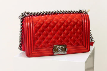 Top Quality Chanel Boy Flap Bag Quilted Patent New Medium Red B11-28