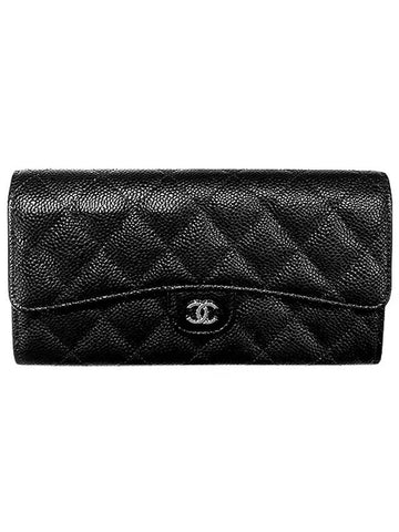 Silver Hardware Classic Caviar CC Logo Flap Long Wallet Black Chanel