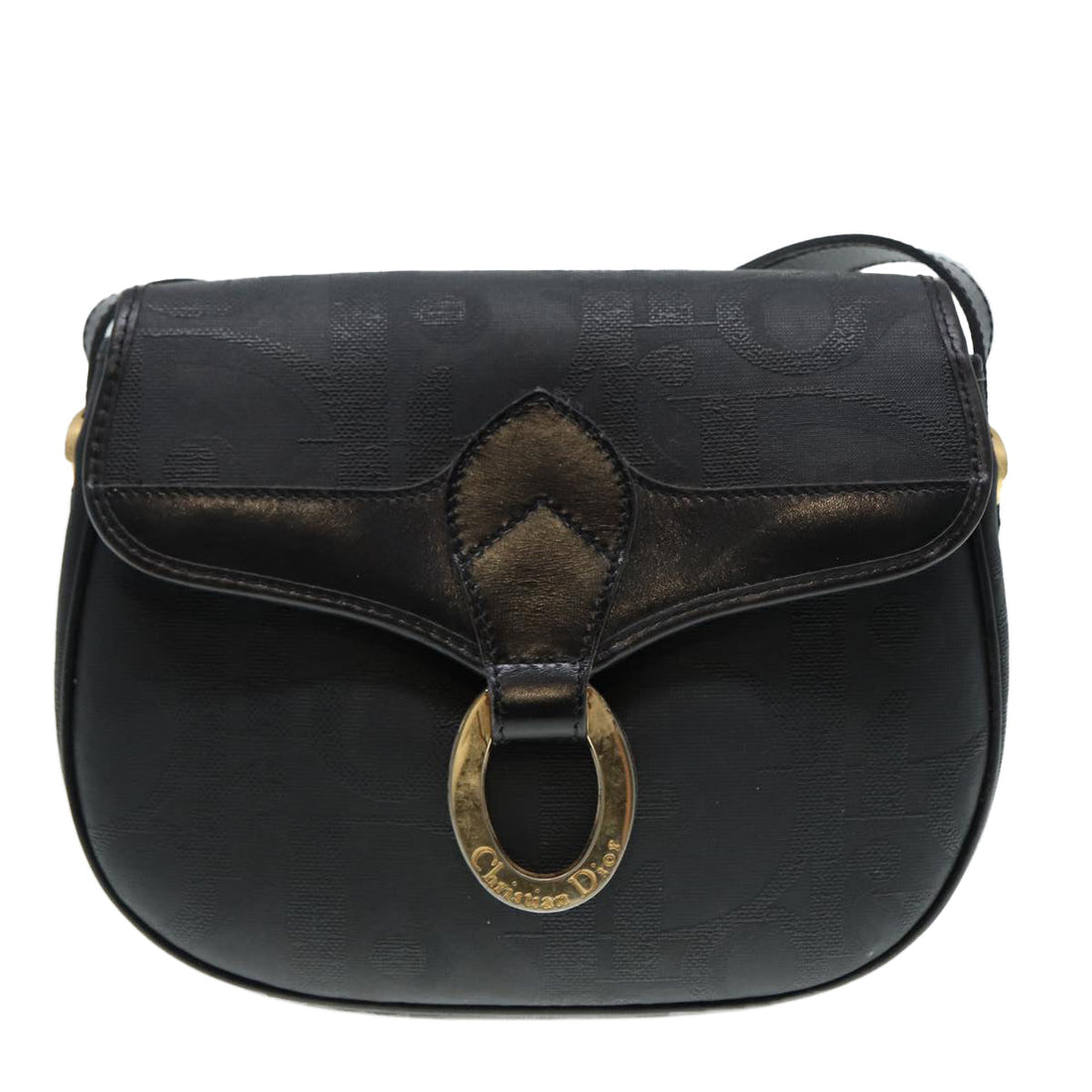 CHRISTIAN Top quality Dior Trotter Canvas Shoulder Bag Gold Black Auth 88734