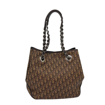 CHRISTIAN Top quality Dior Trotter Canvas Chain Shoulder Bag Brown Silver Auth 88754