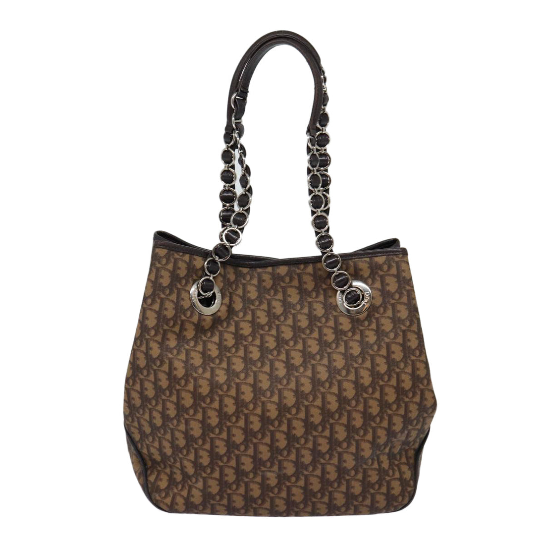CHRISTIAN Top quality Dior Trotter Canvas Chain Shoulder Bag Brown Silver Auth 88754