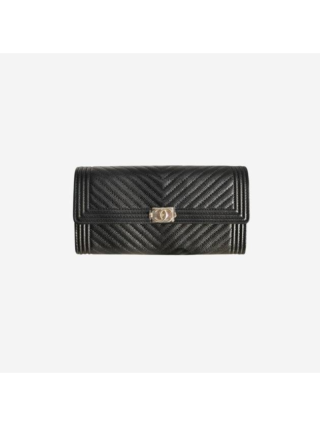 Logo Flap Grained Calfskin Long Wallet Black Chanel