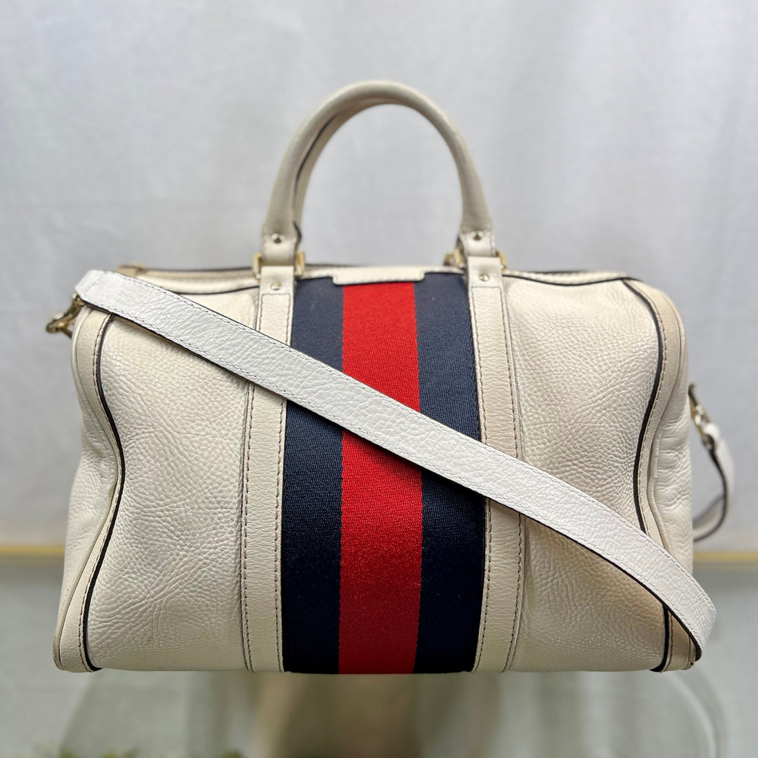 GUCCI Boston Medium White Calfskin  Web Two Way Satchel Bag