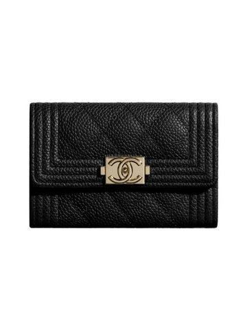 Boy  Flap Card Holder Grained Calfskin Gold Black Chanel