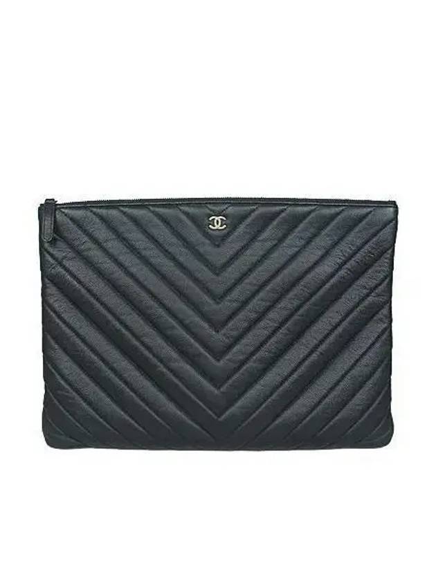 COCO gold logo black caviar chevron large clutch bag Chanel